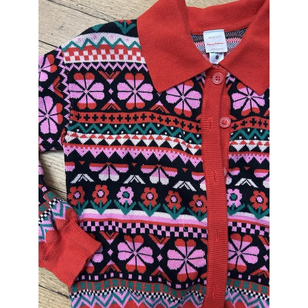 Hanna Andersson Size 10 Fair Isle Floral Cardigan Sweater Collared Pink Red